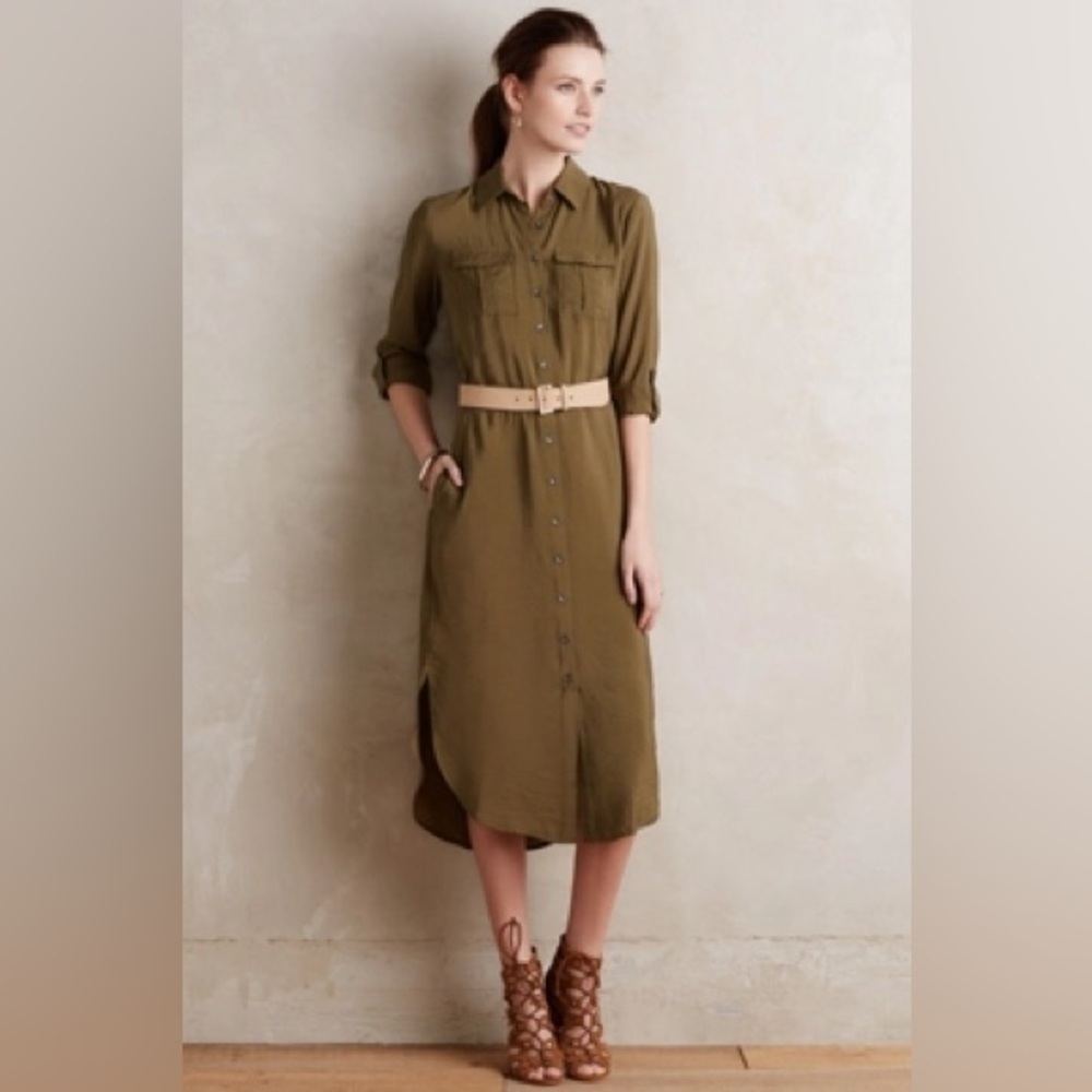 Maeve Anthropologie Drawstring Midi Shirt Dress in Moss Green - Size 0